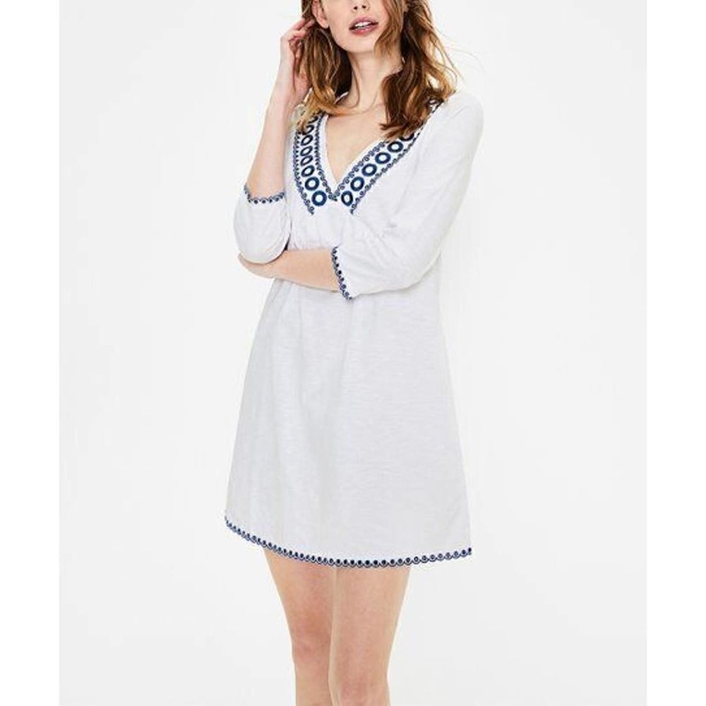 Boden White Rosanna Jersey Tunic Dress Blue embroidered trim detail size US 8